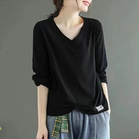 여성용 심플베이직 V넥 긴팔 티셔츠 봄 가을  티