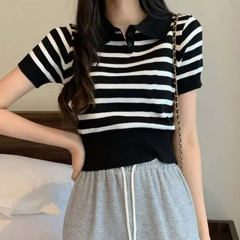 여름 스트라이프 패턴 크롭 기장 카라 반팔 니트 여자반팔티 여성티셔츠 크롭티 여자반팔티셔츠 여자반팔면티 롱티셔츠 프린팅반팔티 여자여름반팔티