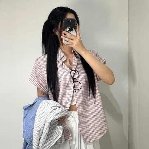 여성 체크 반팔 셔츠 루즈핏 여름 롤업 남방 [3color 시원한 빈티지 난방 오버핏 잔체크 소라 핑크 화이트]