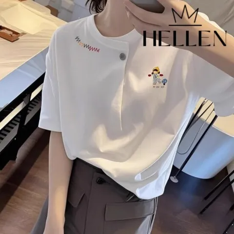[헬렌] 여성 상의 헨리넥 버튼 포인트 티셔츠 해피버튼반팔티 B-476