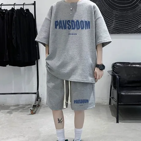 남자 여름 데일리 캐주얼 와플 패턴 추리닝 세트 반팔티