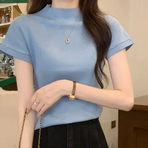 반폴라니트티 여성 반폴라 반팔 니트티 1P 베이직 간절기 티셔츠