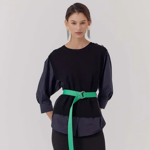 [크레송]크레송 레니블랙 쥬얼버튼 텍스쳐블록 블라우스 R2211BL