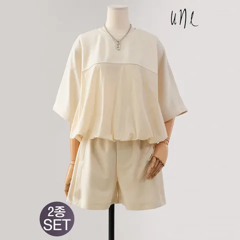 [une] [SET]바스락블록 스트링헴탑+밴딩쇼츠SET