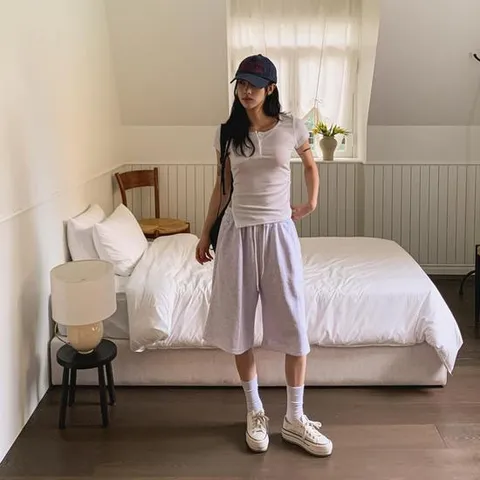 여성 코튼 스트랩 더블포켓 카고 밴딩 반바지