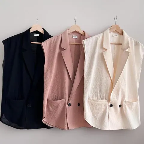 여성 여름 조끼 버튼 롱카라 힙커버 뒷트임 베스트