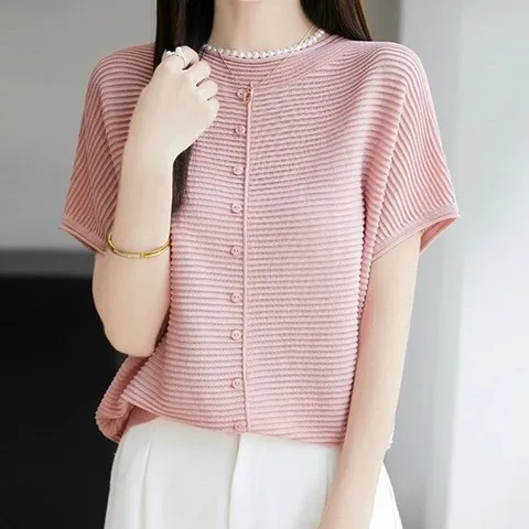 [핑크엘리제]라운드넥 여름 실크 반팔 니트티 뮤아즈니트티