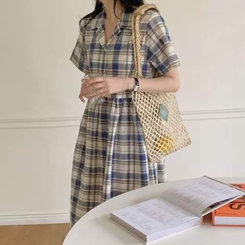 [보리맘]린넨 체크 카라 여름 롱 원피스