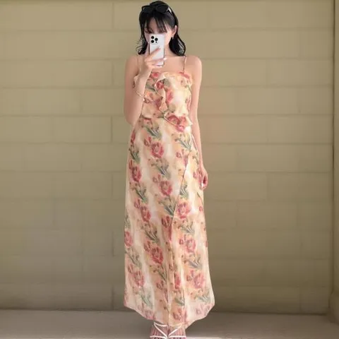 여성 시스루 플라워 패턴 루즈핏 쉬폰 나시 롱 드레스