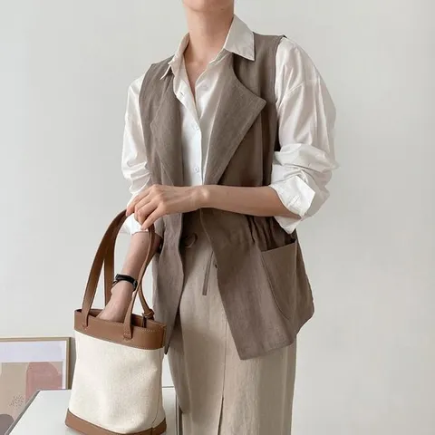 여성 썸머 쿨 린넨 무지 포켓 셔링 조끼 마 베스트