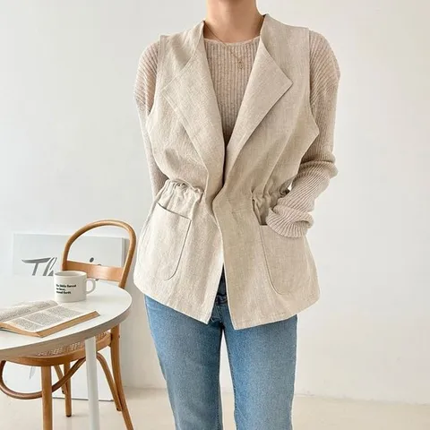 여성 썸머 쿨 린넨 무지 스트링 숏 조끼 마 베스트