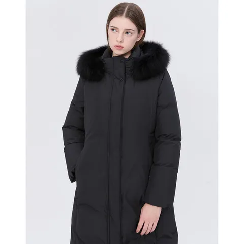 닥스 여성 24FW 스테디셀러폭스FUR구스다운 블랙 탈착 후드 논퀼팅 롱 헤비다운 점퍼 WKJU4D015BK