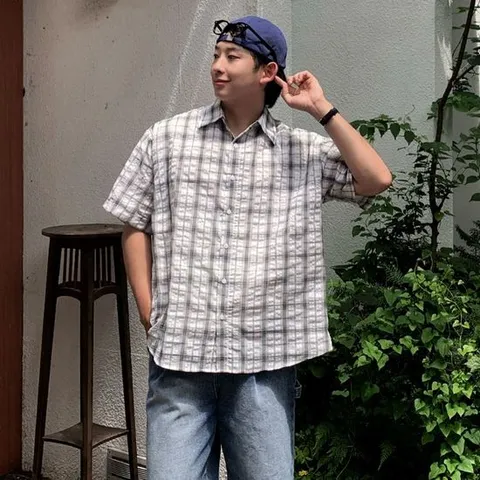 클라쓰업 / 호키 남자 루즈 오버핏 리넨 린넨 체크 반팔 셔츠 남방