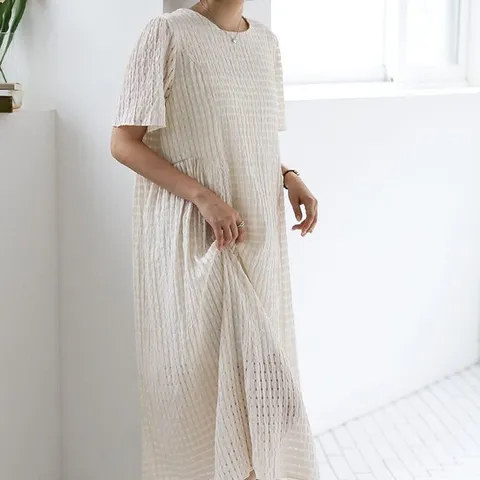 [옷자락]여성 빅사이즈 스트라이프 펀칭 임부용 반팔 롱드레스