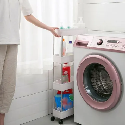 슬림 4단 이동식 틈새선반(폭14cm) (스틸봉) 세탁실정리 이동트레이 세탁실수납장 바퀴달린선반 세제선반