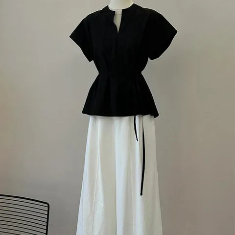 [아리엘스타일]반팔블라우스 와이드팬츠 하객룩 블리닛투피스