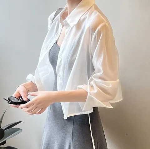 [오아즈] 시원한 감성 여성 긴팔 크롭 시스루 셔츠 2color