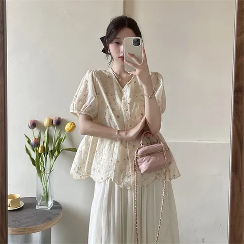 [아리엘스타일]플라워블라우스 쉬폰스커트 데이트룩 펠리듀투피스