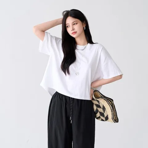 [피핀] 112371 베이직 언발 세미 크롭 티셔츠