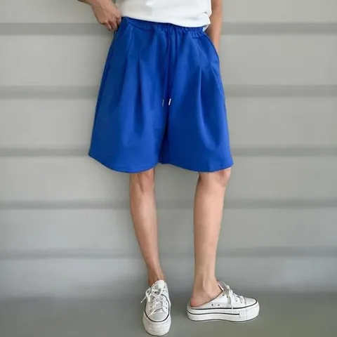 여성 캐주얼 면혼합 더블핀턱 5부 버뮤다핏 밴딩 팬츠