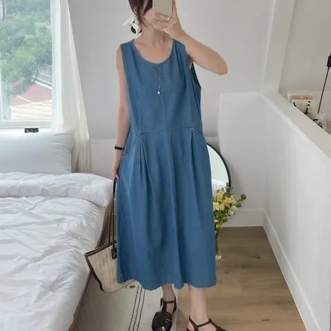 여자 여름 민소매 핀턱 빅사이즈 데님 집업 롱원피스