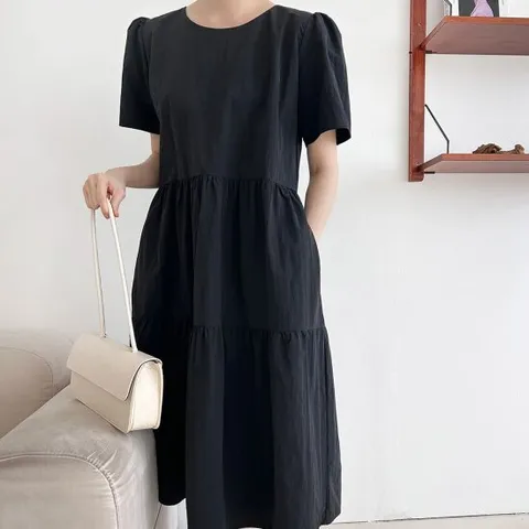 여자 여름 나일론 퍼프반팔 캉캉 바스락 무지 롱원피스