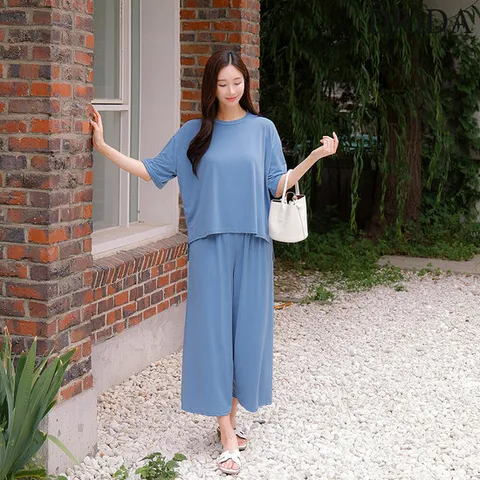 [드리다]여성 여름 냉감 쿨 냉장고 티셔츠 밴딩 와이드 팬츠 상