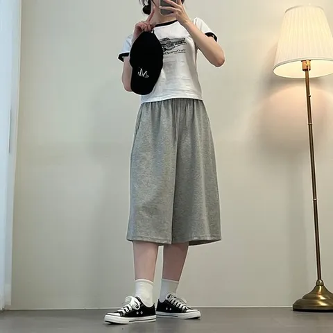 여성 7부 와이드 밴딩 반바지 여름 츄리닝팬츠