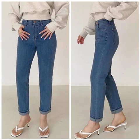 여성 스판 롤업 보이핏 데님팬츠 배기 청바지