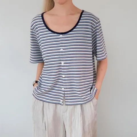 여성 스트라이프 링거 스쿱넥 빅사이즈 반팔 여름 카디건