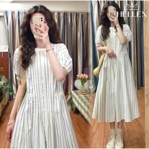[헬렌] 퍼프 스트라이프 반팔 원피스 브로슈어OPS G-600
