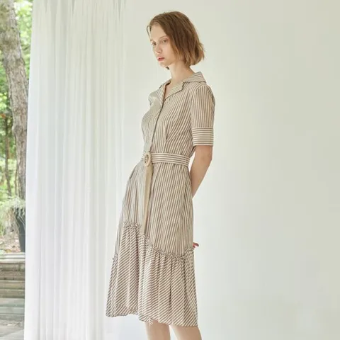 [리안뉴욕][공식] 코튼 스트라이프 밑단 포인트 원피스