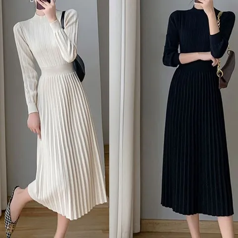 [모노무드]모노무드 니트 롱원피스 골지 패턴 플리츠 A라인 오피