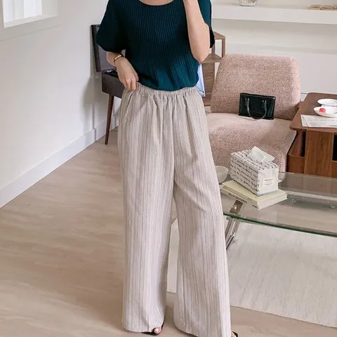 여성 린넨 스트라이프 와이드 팬츠 휴양지 스타일