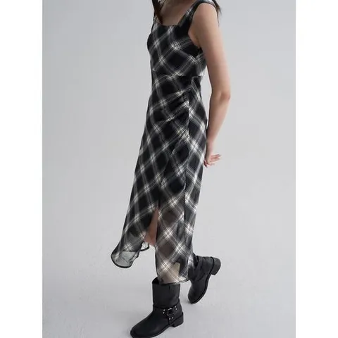 (355771LYA5) [에잇세컨즈] 체크 레이어드 롱 원피스  블랙