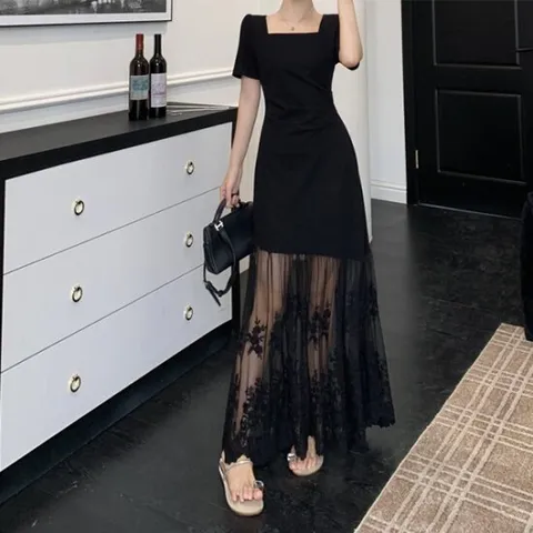 [아리엘스타일]플라워시스루 스퀘어넥 하객룩 리팅카여름원피스