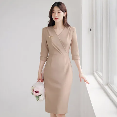 [시크라인] 아스틴 브이넥 랩 H라인 슬림 원피스