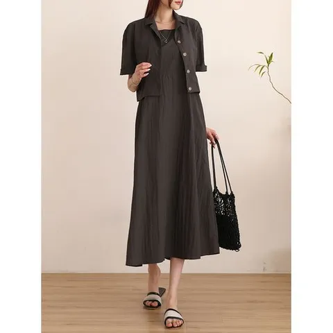 [시크루즈]린레 바스락 반팔 자켓 + 끈 원피스 세트_BDOG968