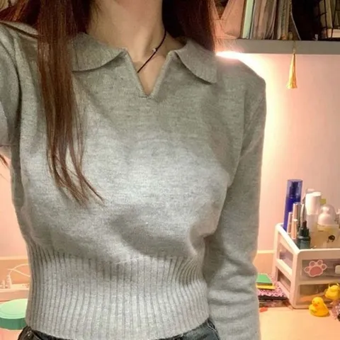 여성 크롭 카라니트 브이넥 긴팔 기본니트티 여성패션