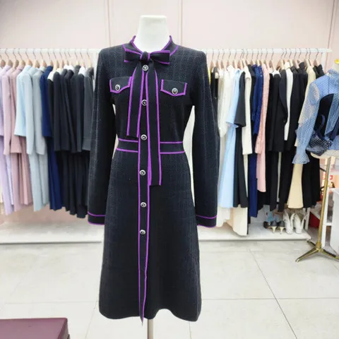 [샤틴]리본끈,라인배색 니트 A라인 원피스S243K902A49_JK