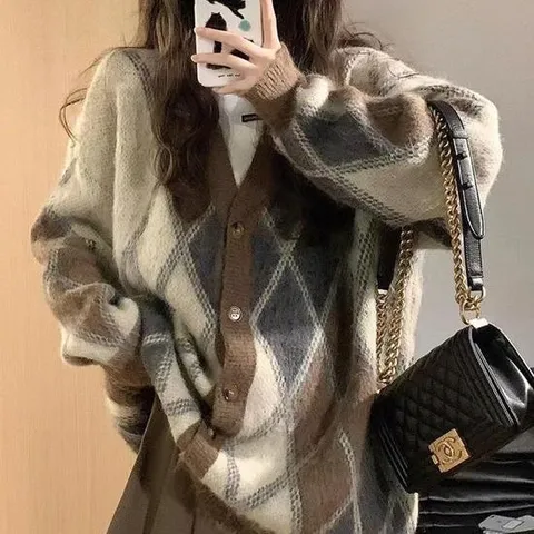 여성 가디건 간절기 오버핏 아가일 니트 카디건 wg-05