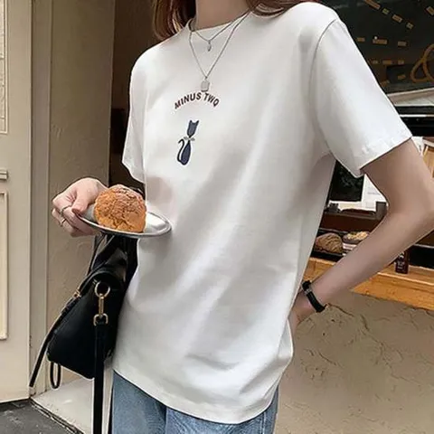 [모노무드]모노무드 여름 여자 기본 여유핏 블랙 화이트 캣츠 반