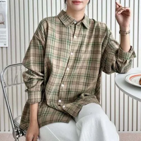 [모노무드]모노무드 EDT 여자 체크남방 오버핏 여성 여름긴팔셔