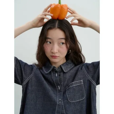 (165865AP2R) [에잇세컨즈] 라운드 칼라 데님 반소매 셔츠  네이비