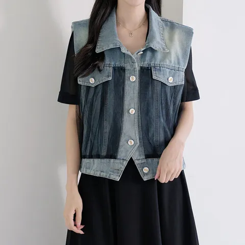 [로즈미] [55~77] 마온즈 쉬폰배색 데님청조끼