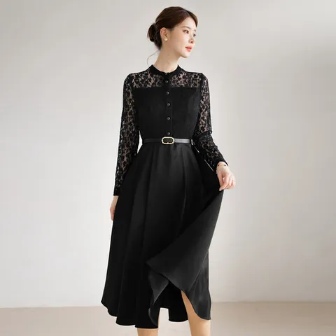 [시크라인] 세르룬느 시스루 레이스 배색 새틴 플레어 벨트 원피스