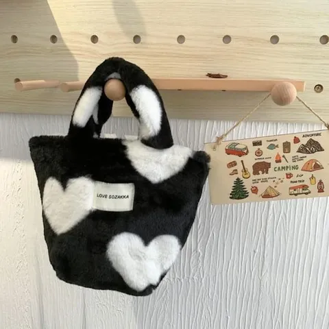 겨울 페이크 퍼 미니 토트백 하트 핸드백 여성 손가방