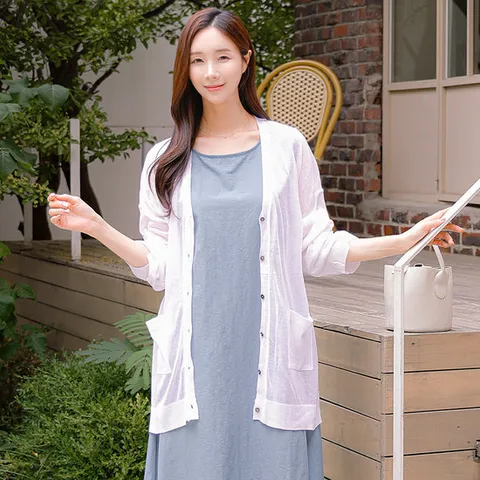 여름 시스루 쿨 린넨 브이넥 빅사이즈 긴팔 가디건 40-50대 미시