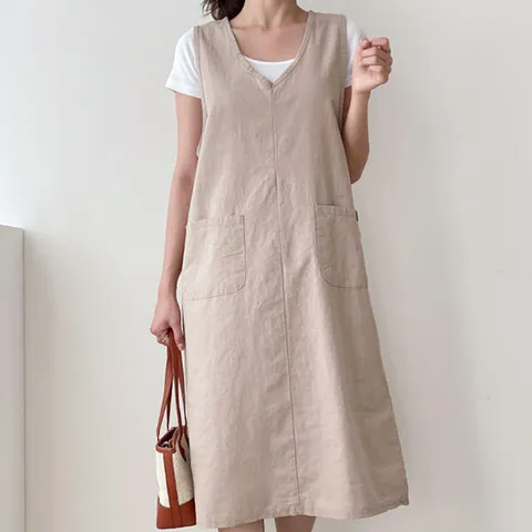 [H스타일](OP)린넨V포켓원피스