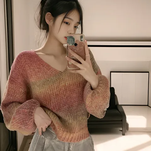 [디작소]여성 브이넥 스웨터 뜨게질 그라데이션 컬러 니트